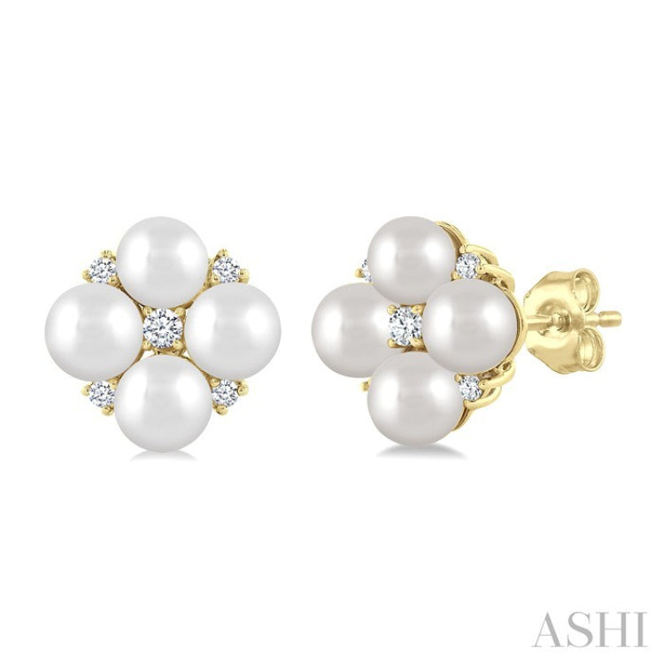 4 MM Round Shape Floral Cultured Pearls and 1/10 Ctw Round Cut Diamond Fashion Stud Earrings in 10K Yellow Gold