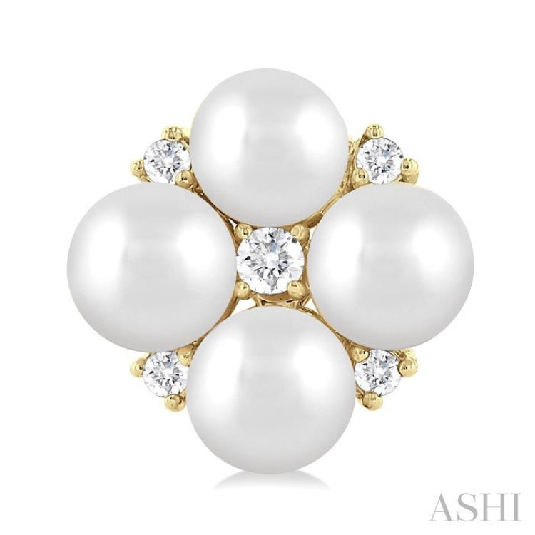4 MM Round Shape Floral Cultured Pearls and 1/10 ctw Round Cut Diamond Fashion Stud Earring in 10K Yellow Gold