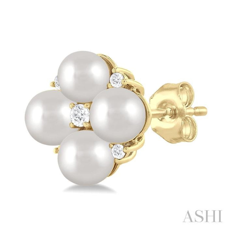 4 MM Round Shape Floral Cultured Pearls and 1/10 ctw Round Cut Diamond Fashion Stud Earring in 10K Yellow Gold
