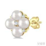 4 MM Round Shape Floral Cultured Pearls and 1/10 Ctw Round Cut Diamond Fashion Stud Earrings in 10K Yellow Gold