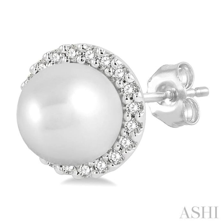 5.5 MM Round Shape Cultured Pearls and 1/8 Ctw Petite Round Cut Diamond Halo Fashion Stud Earrings in 10K White Gold