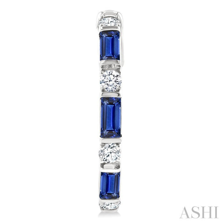 4X2 MM Baguette Cut Sapphire and 1/3 Ctw Art Deco Round Cut Diamond Precious Hoop Earrings in 14K White Gold
