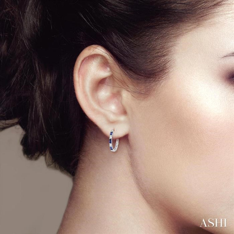 4X2 MM Baguette Cut Sapphire and 1/3 Ctw Art Deco Round Cut Diamond Precious Hoop Earrings in 14K White Gold
