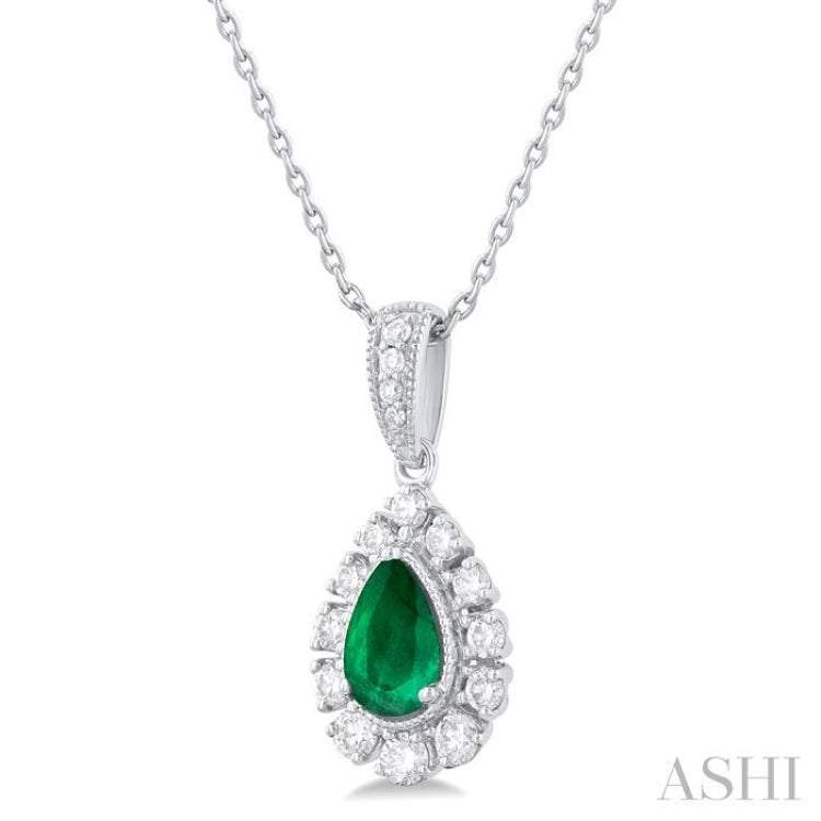 6X4 MM Pear Cut Emerald and 1/4 Ctw Round Cut Diamond Precious Pendant With Chain in 14K White Gold