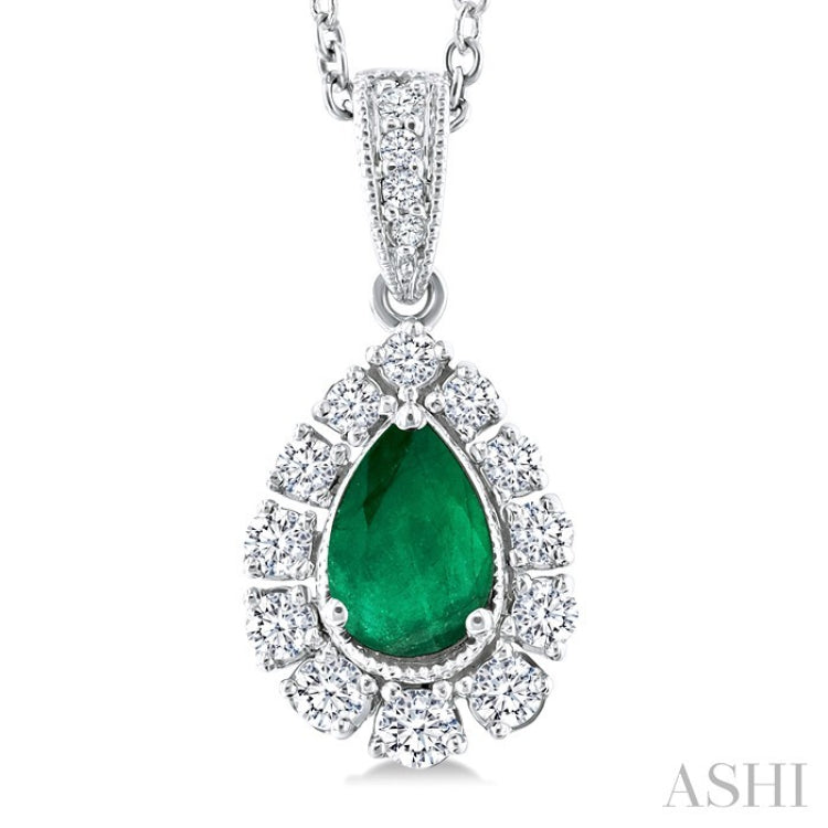 6X4 MM Pear Cut Emerald and 1/4 Ctw Round Cut Diamond Precious Pendant With Chain in 14K White Gold