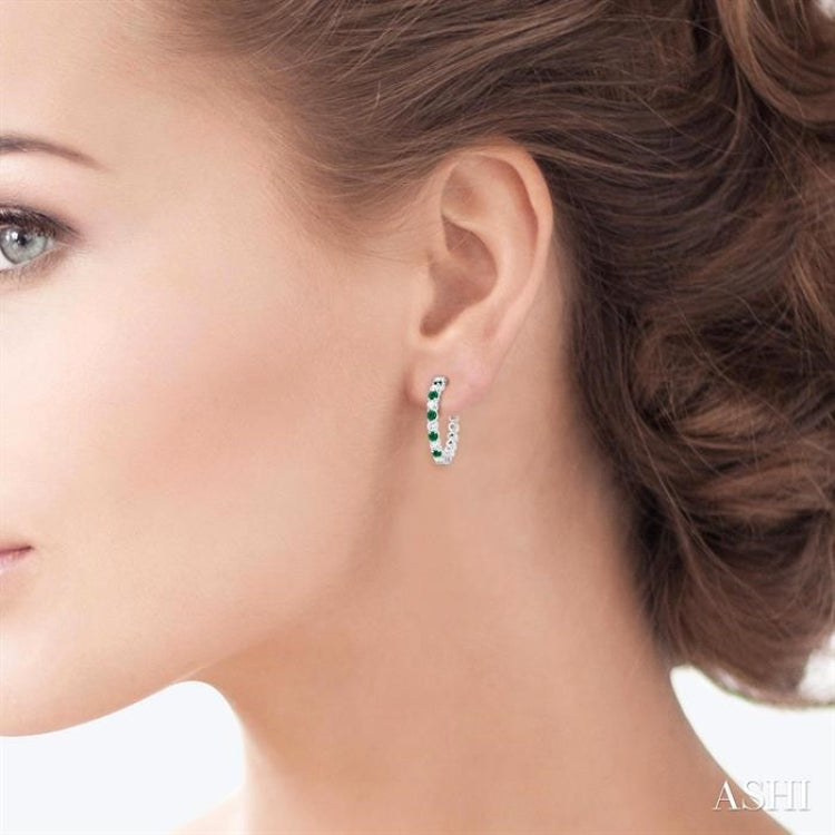 2.4 MM Round Shape Emerald and 5/8 Ctw Round Cut Diamond Precious Hoop Earrings in 14K White Gold