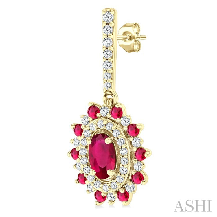 5x3 MM Oval Cut & 1.45 MM Round Cut Ruby and 1/3 Ctw Round Cut Diamond Precious Earrings in 14K Yellow Gold