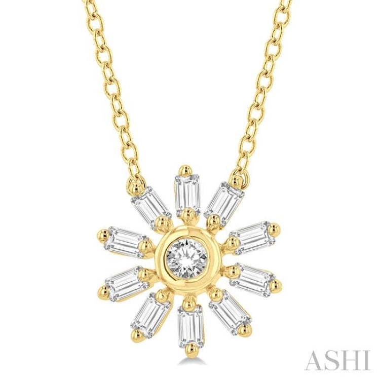 1/6 Ctw Petite Wheel Baguette and Round Cut Diamond Fashion Pendant With Chain in 10K Yellow Gold
