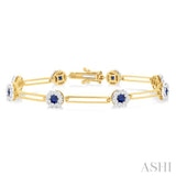 3 MM Sapphire and 1 1/5 Ctw Round Cut Diamond Paperclip Lovebright Precious Bracelet in 14K Yellow and White Gold