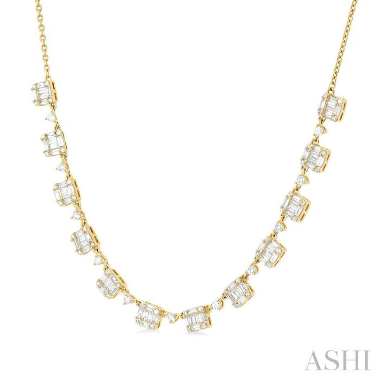 1 1/2 ctw Fusion Baguette and Round Cut Diamond Halfway Necklace in 14K Yellow Gold
