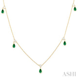 5x3 MM Pear Shape Emerald and 1/4 ctw Round Cut Diamonds Precious Station Necklace in 10K Yellow Gold