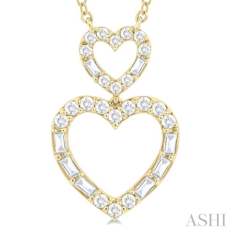 1/3 Ctw Twin Heart Fusion Baguette and Round Cut Diamond Pendant With Chain in 10K Yellow Gold