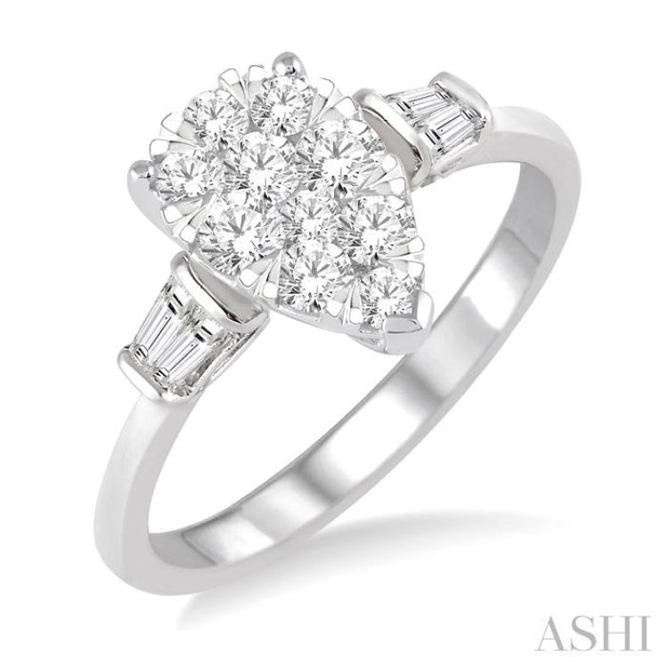 5/8 Ctw Pear Shape Lovebright Baguette and Round Cut Diamond Cluster Ring in 14K White Gold