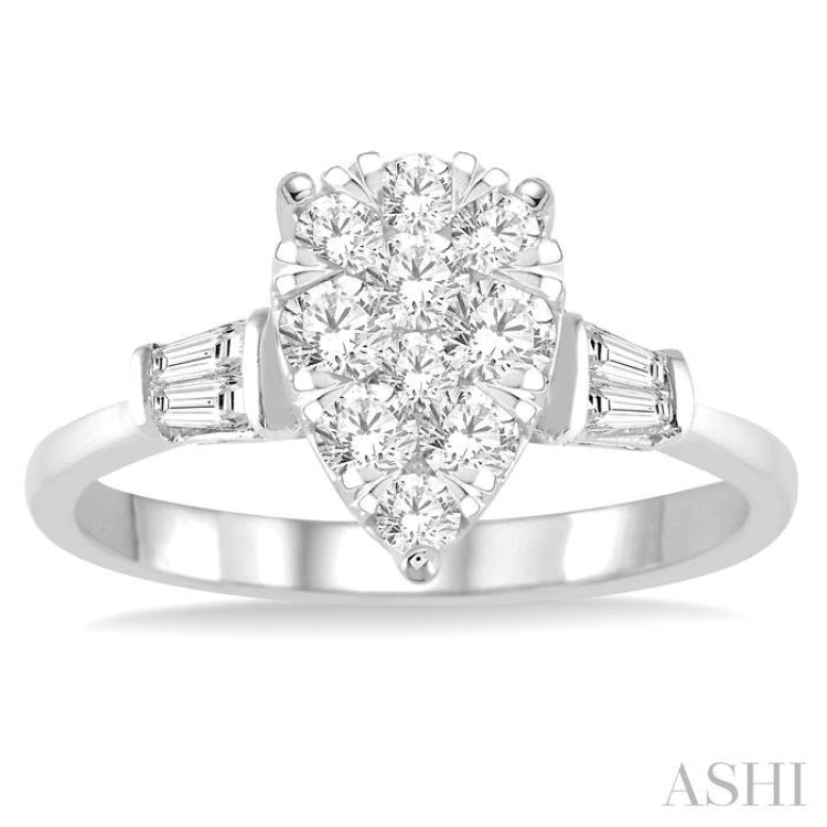 5/8 Ctw Pear Shape Lovebright Baguette and Round Cut Diamond Cluster Ring in 14K White Gold