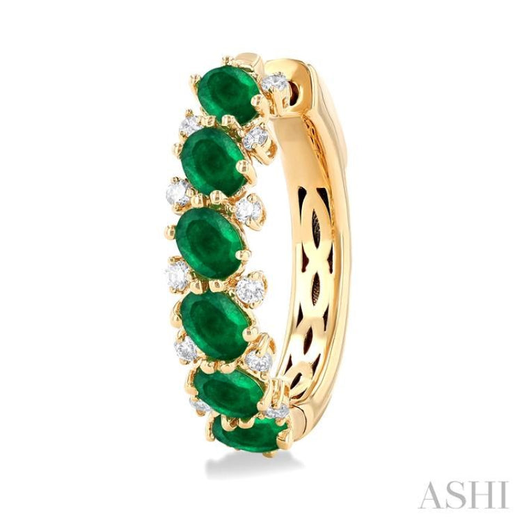 4X3 MM Oval Cut Emerald and 1/4 ctw Round Cut Diamond Precious Hoop Earring in 14K Yellow Gold