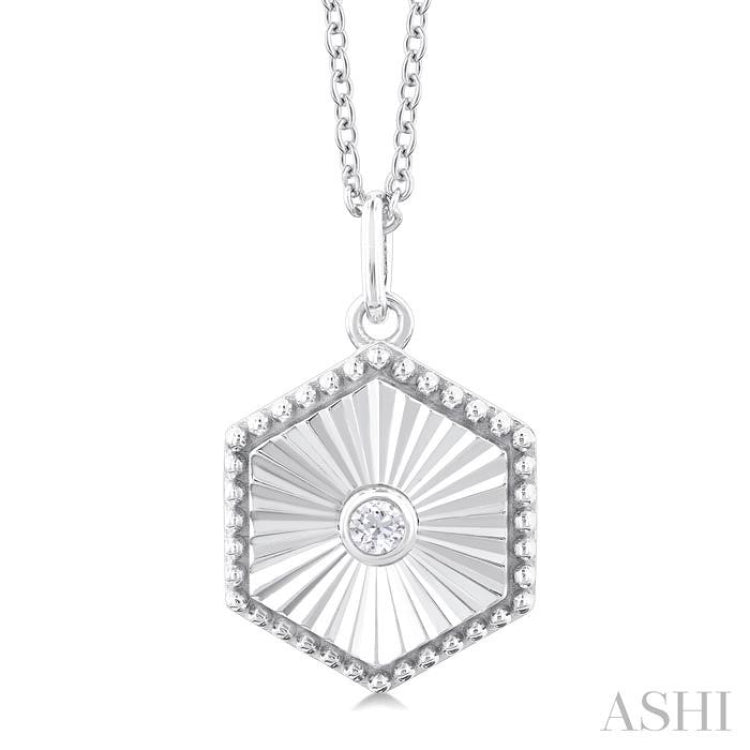 1/20 ctw Hexagon fluted medallion Round Cut Diamond Pendant With Chain in 10K White Gold