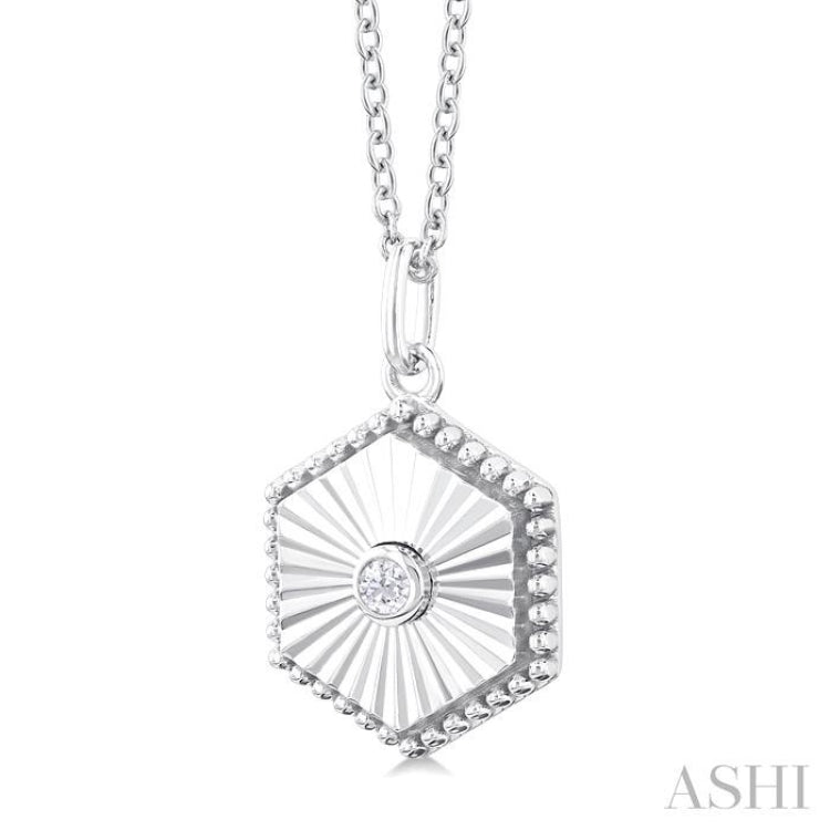 1/20 ctw Hexagon fluted medallion Round Cut Diamond Pendant With Chain in 10K White Gold
