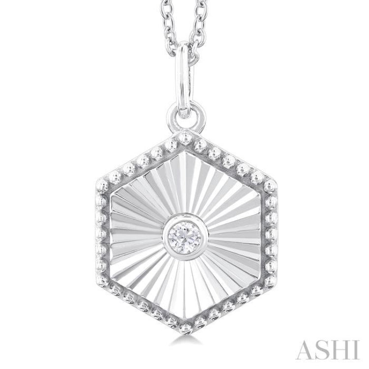 1/20 ctw Hexagon fluted medallion Round Cut Diamond Pendant With Chain in 10K White Gold