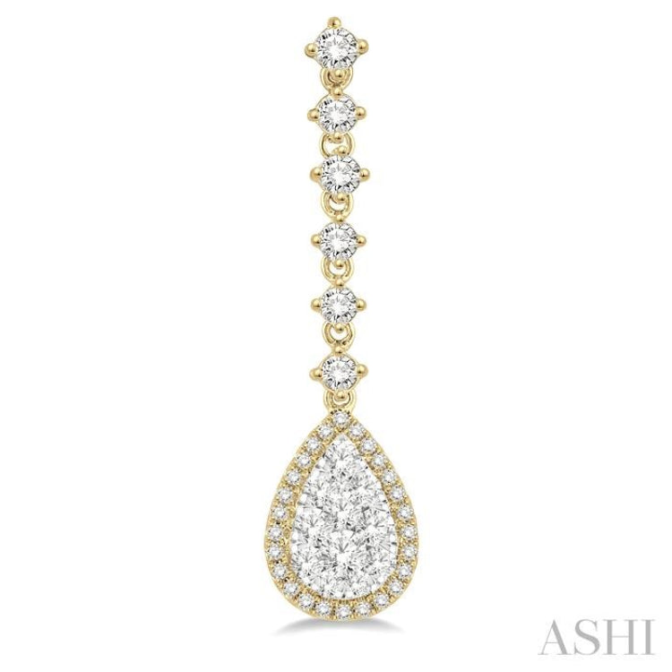 1 ctw Pear Shape Dangler Round Cut Diamond Lovebright Earrings in 14K Yellow and White Gold