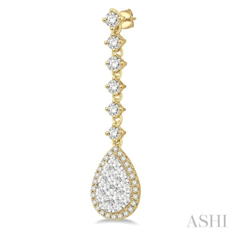 1 ctw Pear Shape Dangler Round Cut Diamond Lovebright Earrings in 14K Yellow and White Gold