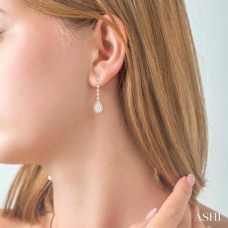 1 ctw Pear Shape Dangler Round Cut Diamond Lovebright Earrings in 14K Yellow and White Gold