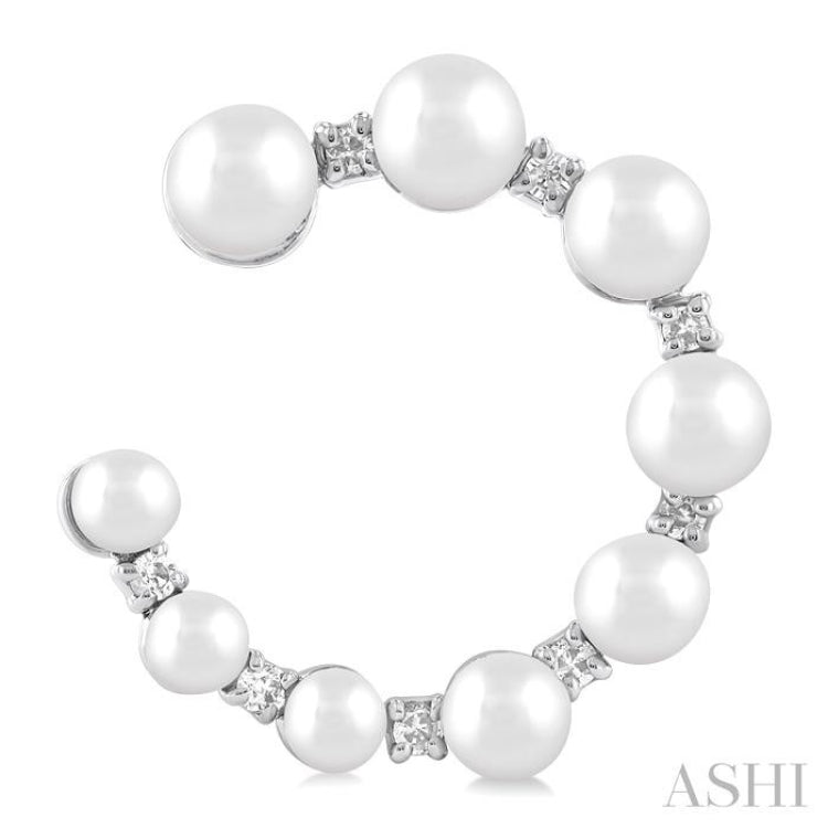 2.8 - 4.5 MM Round Shape Cultured Pearls and 1/5 ctw Graduated Round Cut Diamond Half Hoop Earring in 14K White Gold