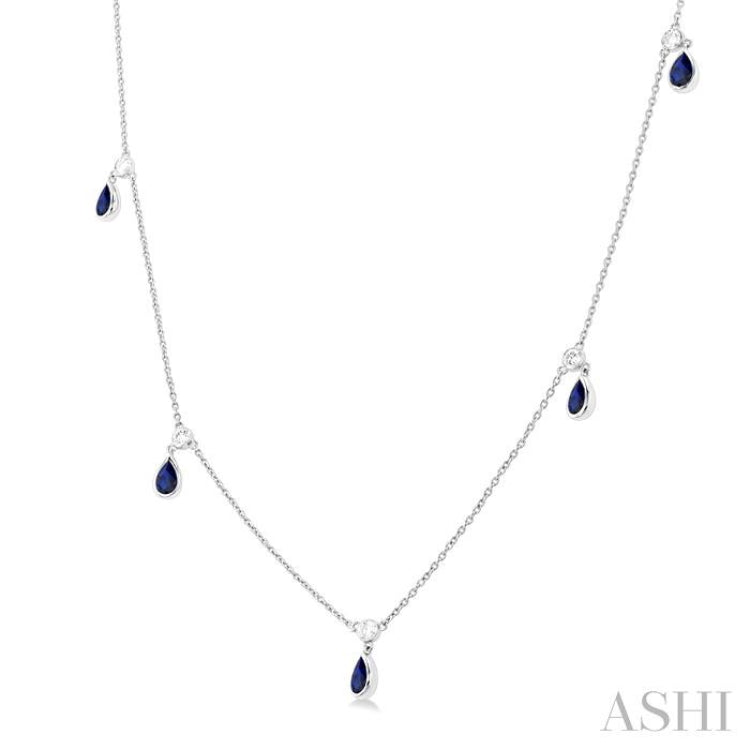 5x3 MM Pear Shape Sapphire and 1/4 ctw Round Cut Diamonds Precious Station Necklace in 14K White Gold