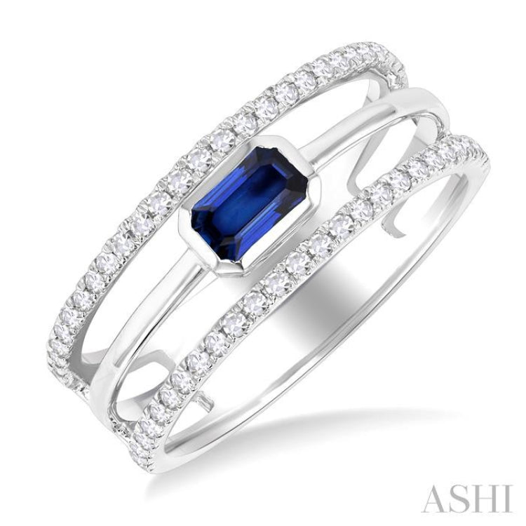 5x3 MM East- West Emerald Shape Sapphire and 1/4 ctw Single Cut Diamond Triple Split Precious Ring in 10K White Gold