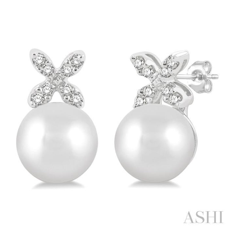 5.5 MM Round Shape Cultured Pearls and 1/20 ctw Petite 4-Petal Flower Round Cut Diamond Fashion Stud Earring in 10K White Gold