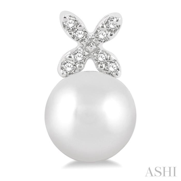 5.5 MM Round Shape Cultured Pearls and 1/20 ctw Petite 4-Petal Flower Round Cut Diamond Fashion Stud Earring in 10K White Gold