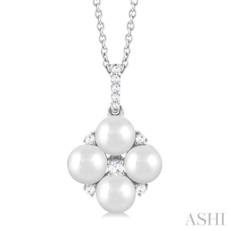 5x5 MM Round Shape Floral Cultured Pearls and 1/10 ctw Round Cut Diamond Fashion Pendant With Chain in 10K White Gold