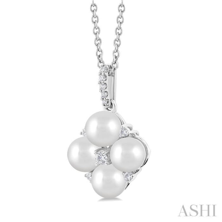 5x5 MM Round Shape Floral Cultured Pearls and 1/10 ctw Round Cut Diamond Fashion Pendant With Chain in 10K White Gold