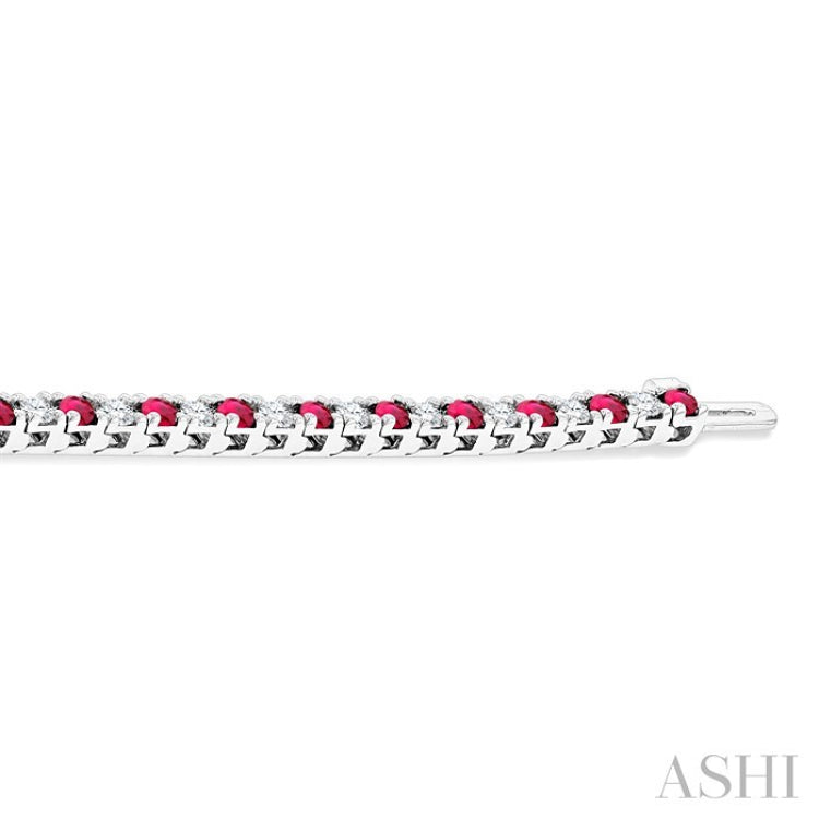 2.5 MM Ruby and 1 1/2 Ctw Round Cut Diamond Square Box Link Precious Tennis Bracelet in 14K White Gold
