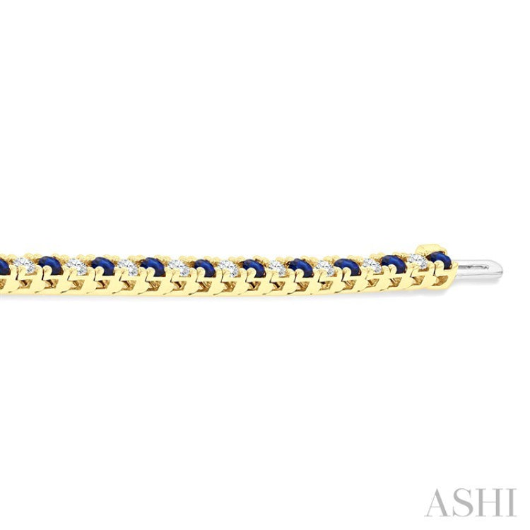 2.5 MM Sapphire and 1 1/2 Ctw Round Cut Diamond Square Box Link Precious Tennis Bracelet in 14K Yellow Gold