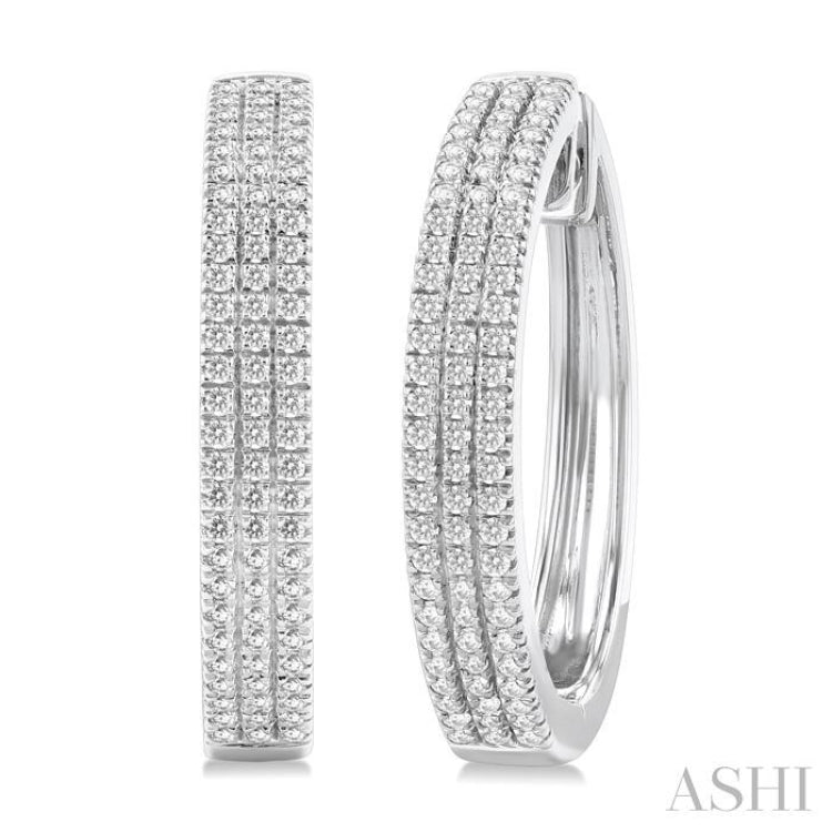 1/2 ctw Triple Row Pave Set Round Cut Diamond Fashion Hoop Earring in 14K White Gold