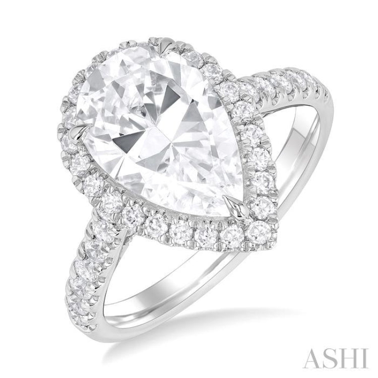 3/4 ctw Pear Shape Round Cut Diamond Halo Semi Mount Engagement Ring in 14K White Gold