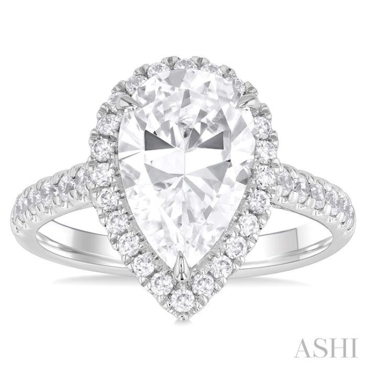 3/4 ctw Pear Shape Round Cut Diamond Halo Semi Mount Engagement Ring in 14K White Gold