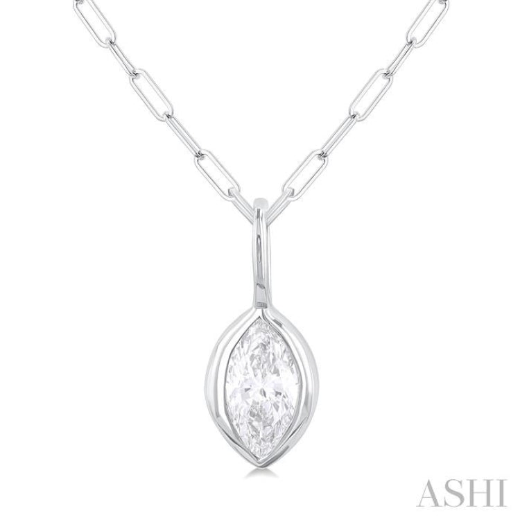 1/5 Ctw Marquise Cut Bezel Set Diamond Fashion Pendant With Paperclip Chain in 14K White Gold
