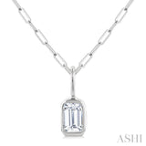 1/5 Ctw Emerald Cut Bezel Set Diamond Fashion Pendant With Paperclip Chain in 14K White Gold