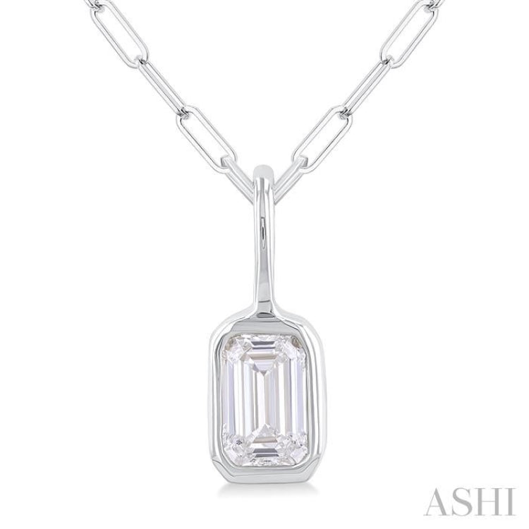 1/5 Ctw Emerald Cut Bezel Set Diamond Fashion Pendant With Paperclip Chain in 14K White Gold