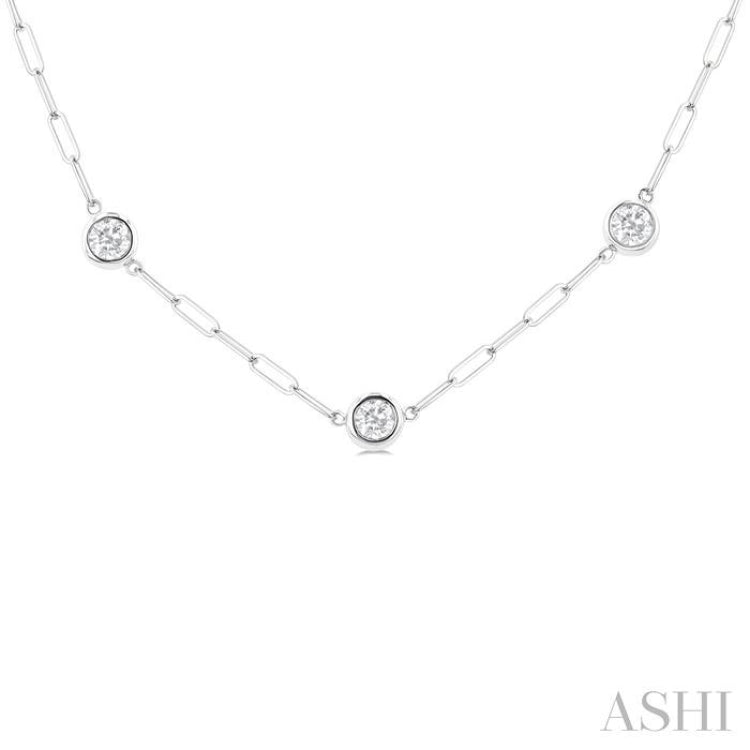 2 ctw Bezel Set Round Cut Diamond Paperclip Station Necklace in 14K White Gold