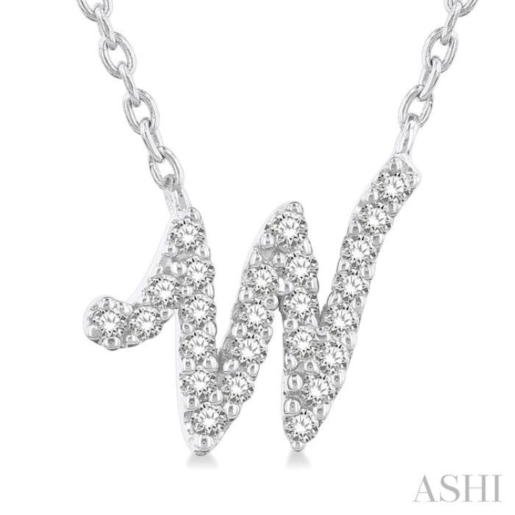 1/10 ctw Initial 'W' Round cut Diamond Pendant With Chain in 14K White Gold