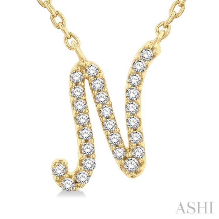 1/10 ctw Initial 'N' Round cut Diamond Pendant With Chain in 14K Yellow Gold
