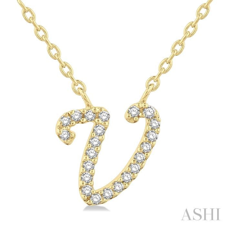 1/20 ctw Initial 'V' Round cut Diamond Pendant With Chain in 14K Yellow Gold