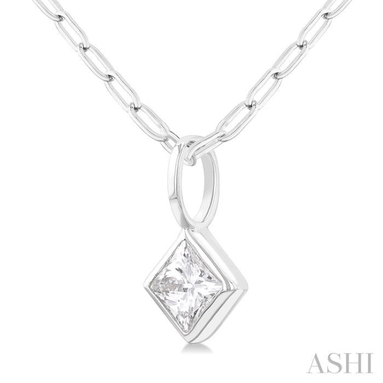 1/5 Ctw Princess Cut Bezel Set Diamond Fashion Pendant with Paperclip Chain in 14K White Gold