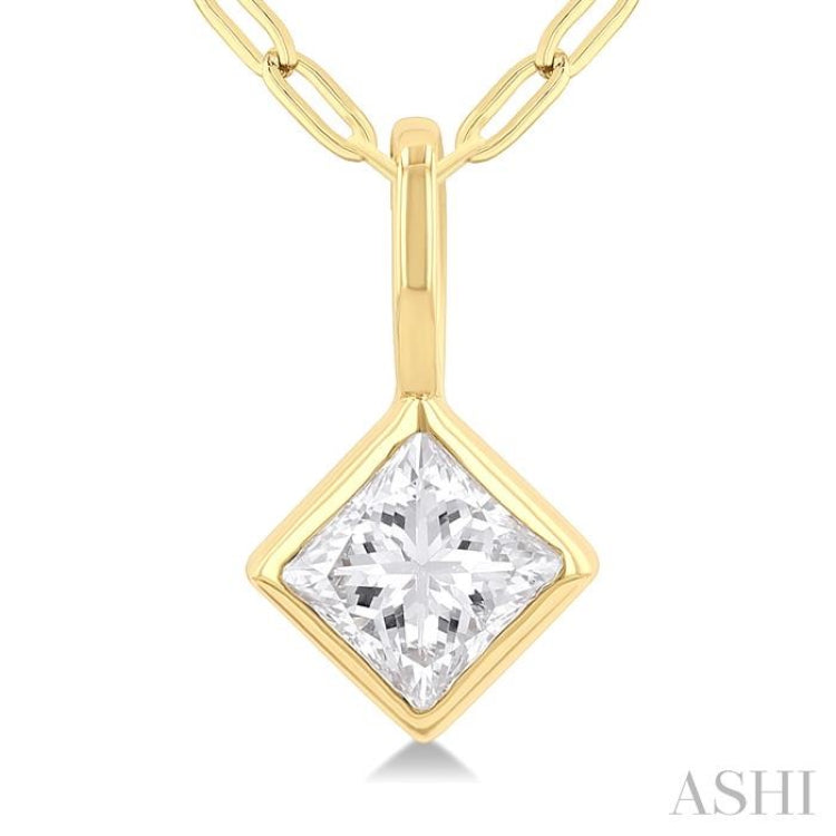 1/5 Ctw Princess Cut Bezel Set Diamond Fashion Pendant With Paperclip Chain in 14K Yellow Gold