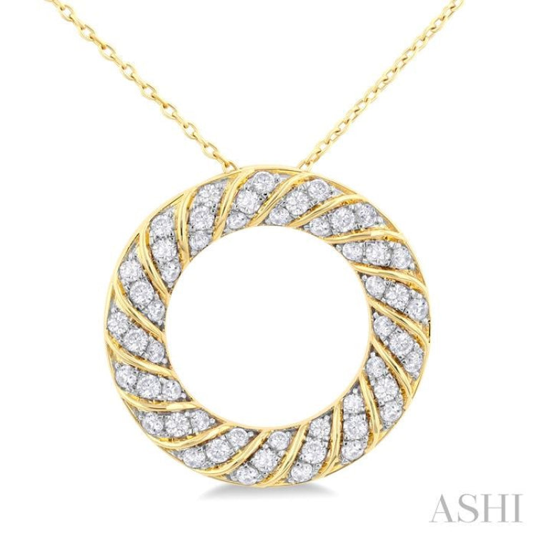 1/2 ctw Ribbed Swirl  Circle Round Cut Diamond Fashion Pendant With Chain in 14K Yellow Gold