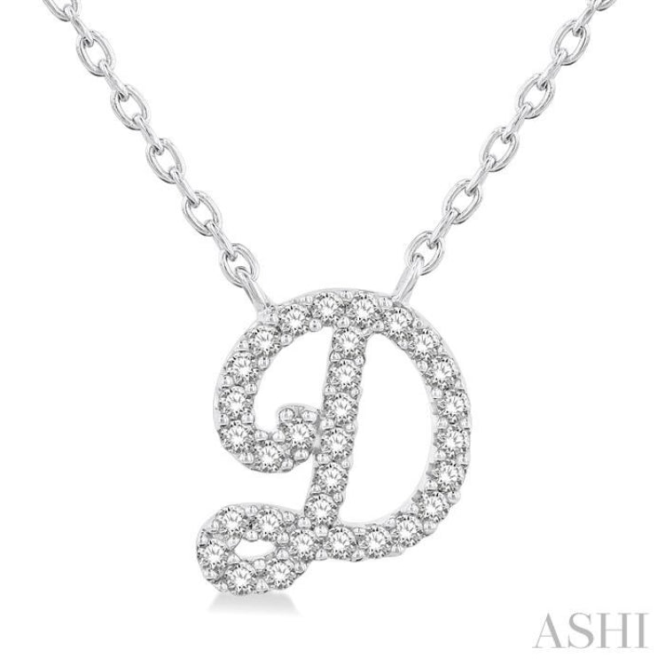 1/10 ctw Initial 'D' Calligraphy Round Cut Diamond Fashion Pendant With Chain in 14K White Gold