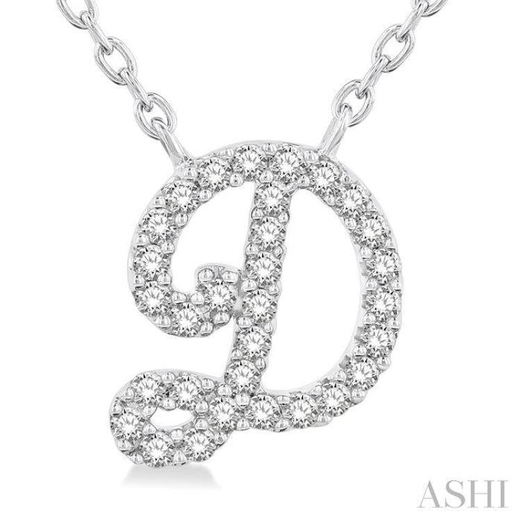 1/10 ctw Initial 'D' Calligraphy Round Cut Diamond Fashion Pendant With Chain in 14K White Gold
