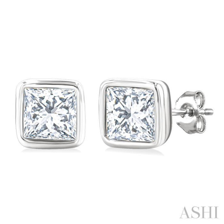 1/5 Ctw Petite Bezel Set Princess Cut Diamond Fashion Stud Earring in 10K White Gold